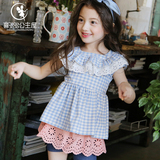 女童短袖t恤百搭夏季薄韩版2016新款荷叶边方领格子短袖儿童上衣