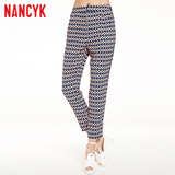 Nancyk夏新品修身长款波西米亚时尚休闲几何图案哈伦裤女