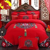 紫罗兰家纺纯棉加厚婚庆床上四件套大红色全棉床单式被套结婚床品