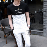 夏季短袖T恤男韩版修身学生青年圆领体恤七分裤休闲运动套装男潮