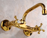 高档冷热面盆混水水龙头全铜双把双孔入墙式金色镀金欧式洗手盆