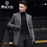 纳特·尤尼男士西服 韩版修身时尚条纹中长款西装外套潮大衣