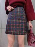 PKY 2015秋冬新款欧美风格子3立扣毛呢高腰半身裙A字包臀裙短裙