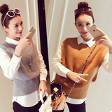 2015秋装韩国假两件套毛衣衬衫女针织衫背心无袖马甲套头修身衬衣