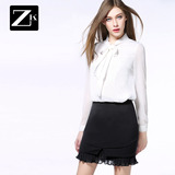 ZK蝴蝶结系带白色甜美淑女装雪纺衫长袖修身显瘦小衫2016春装新款