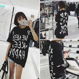 韩版2016夏季女装新款宽松中长款字母印花T恤慵懒风短袖套头体恤