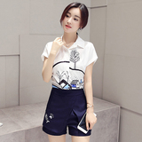 2016夏装新款韩版短裤套装女修身显瘦短袖印花衬衫两件套时尚潮