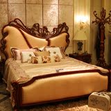 欧式真皮床 美式古典1.8米双人床婚床 卧室实木雕花头层牛皮大床