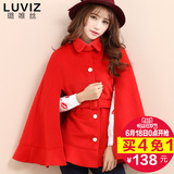 璐唯丝冬装新款韩版甜美个性时尚显瘦红色荷叶边斗篷呢子外套