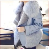 欧洲站2015冬装新款韩版修身狐狸毛领短款毛呢外套皮草加厚大衣女