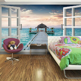 大型墙纸壁画3D立体客厅卧室电视背景墙壁纸温馨浪漫假窗海边风景