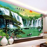 中式山水风景迎客松流水生财大型壁画无缝电视背景墙画墙壁纸墙布
