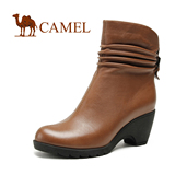 Camel骆驼女靴 秋冬舒适真皮坡跟中筒靴子  侧拉链通勤高跟靴