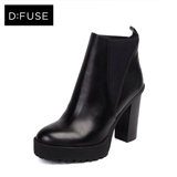 dfuse迪芙斯d:fuse正品2015冬牛皮圆头高粗跟短靴女鞋DF54115253