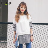 LRUD2016春装新款韩版女装宽松圆领中长款条纹衬衫拼接假两件卫衣