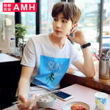 AMH男装韩版2016夏装新款男士青年简约白色修身圆领印花短袖T恤荞