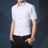 新款夏季波点男士短袖衬衫男装纯色纯棉商务时尚休闲韩版修身衬衣