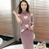 紫檀2016春装新款女装套装气质百搭韩版针织衫套裙两件套时尚套装