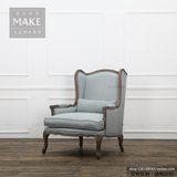 make+ 美式实木家具  亚麻软包布艺 单人休闲沙发 美式实木沙发椅