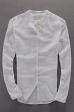 麻衬衫男长袖修身型纯色圆领休闲白色棉麻料衬衣男潮夏季小立领亚