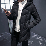 2015冬季男士纯色加厚中长款连帽羽绒服韩版修身保暖青年外套潮