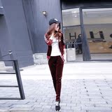 2016春秋新款韩版金丝绒运动服套装大码带帽织带时尚休闲套装女潮