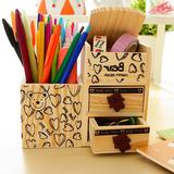 韩国创意文具 可爱实木笔筒 简约木质抽屉式桌面儿童收纳盒