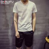史瑞夫休闲修身型夏季男士V领半袖棉质莱卡t恤男士短袖T恤韩版潮