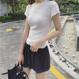 SZM韩国紧身显瘦显胸大曲珠冰丝卷边半高领纯色t恤女修身短袖上衣