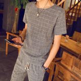 2016夏季新款潮亚麻格子男士圆领韩版休闲日系T恤纯色套装
