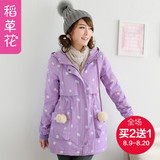 2015冬装新款韩版加厚加绒少女学生棉衣中长款卫衣连帽波点外套