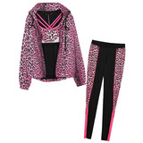 秋装新款粉色豹纹连帽风衣紧身裤瑜伽服三件套运动服套装女