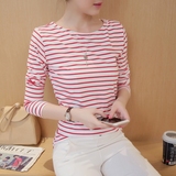 长袖T恤女秋装韩版新款修身显瘦打底衫纯棉小衫学生条纹体恤外穿