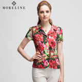 MORELINE沐兰夏季新款修身显瘦短袖上衣水彩印花衬衫女