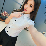 2016夏装雪纺荷叶袖修身显瘦短袖衬衫女职业韩版学院风学生白衬衣