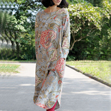 原创春秋新款日式和风范印花亚麻袍子长袖文艺复古棉麻连衣裙长裙