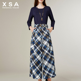 XSA2015秋冬新款格子拼接阔腿裤套装长袖修身显瘦时尚套装长裤女