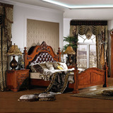 美式真皮双人床 欧式1.8米婚床新古典卧室实木床雕花皮床大床定制
