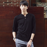 2015春装韩版男士短袖t恤日系班服个性V领七分袖T复古7分袖英伦潮