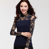秋季新品韩版长袖女装大码高领弹力网纱t恤潮上衣显瘦蕾丝打底衫