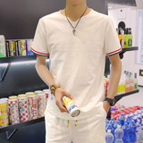 亚麻短袖T恤男夏季V领体恤男士日系修身棉麻半袖潮男装纯色上衣服