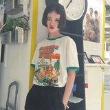 韩国原宿bf学院风复古卡通印花撞色圆领宽松短袖t恤女学生上衣潮