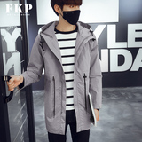 F．K．P秋季新款男士中长款风衣潮流韩版修身型连帽外套潮男薄款