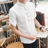 韩版男士中袖T恤男青少年亚麻七分袖修身休闲短袖衬衫纯色男装款