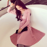 韩国代购2016春季新款女装修身长袖打底粉色针织毛衣连衣裙秋冬款