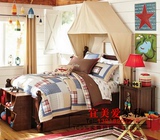 比邻乡村美式地中海卧室纯实木儿童床 拖床1.2米男孩儿童全实木床