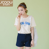 韩国夏装字母刺绣中长款韩版纯棉短袖T恤女前短后长宽松半袖上衣