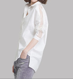 衬衫女韩范长袖棉中长款打底镂空白色2016新款春秋季衬衣包邮
