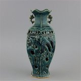 热卖后周柴窑双层镂空龙纹六方鱼尾瓶 做旧仿宋代古瓷器 古玩收藏