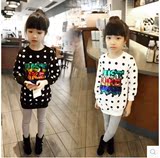 童装 2015冬装新款韩版女童装纯棉波点珠片套头加绒中长款卫衣